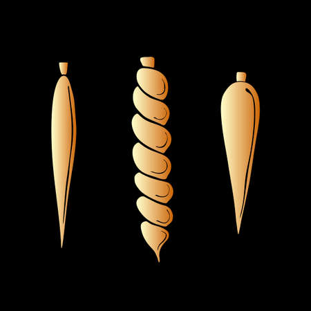 Set of vector gold long hanging toys for xmas tree, flat style. Clipart for Merry Christmas and New Year decor.のイラスト素材