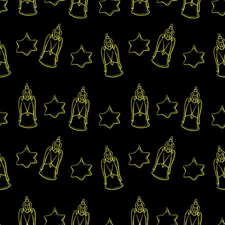 Vector seamless pattern with outline gold singing angels and stars, in doodle style. Christmas and New Year backgrounds and textures. Symbols of the birth of Jesus, the Star of Bethlehem, Christianityのイラスト素材