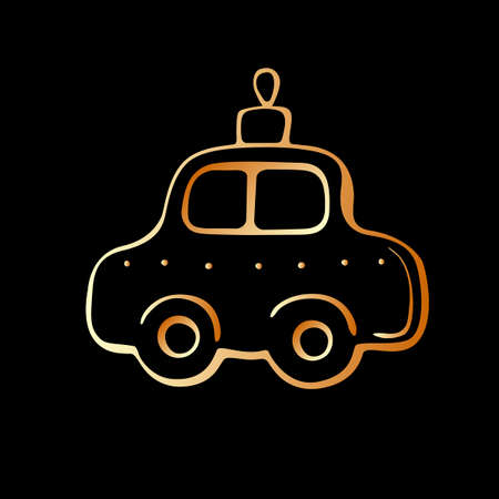 Vector contoured gold toy, decoration in form of car for xmas tree, in doodle style. Clipart for Merry Christmas and New Year greeting card, template for children creativityのイラスト素材