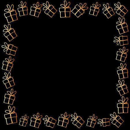 Vector frame, border made from hand drawn gold outline gifts in doodle style. Theme of holiday presents, also black Friday, shopping, discounts and salesのイラスト素材