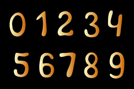 Vector hand drawn gold numbers from zero to nine in doodle flat style. Maths symbols, signs.のイラスト素材