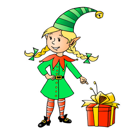 Cute little Christmas Elf girl. Vector hand drawn outline color cartoon character. Simple illustration for New year, xmas, childrens design, greeting cards, calendars, printsのイラスト素材