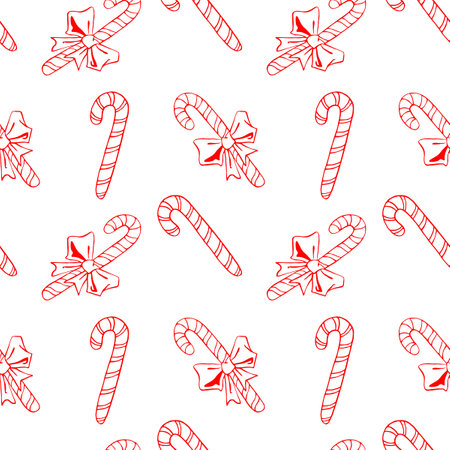 Vector Seamless pattern with outline candy canes, sweets, lollipops. Hand drawn New year and Christmas backgrounds and texture. For greeting card, wrapping paper, packaging, fabric.のイラスト素材