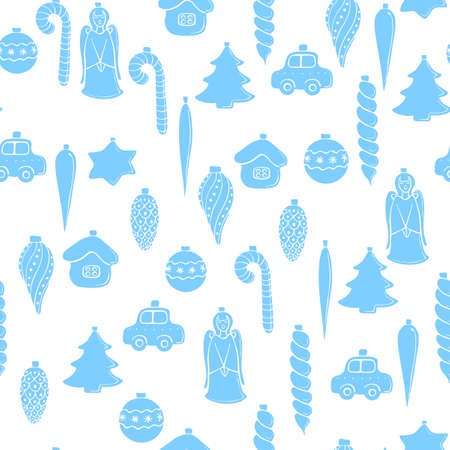 Vector seamless pattern with blue silhouettes glass toys, decorations for xmas tree, flat style. Festive backgrounds and textures for Merry Christmas and happy New Yearのイラスト素材