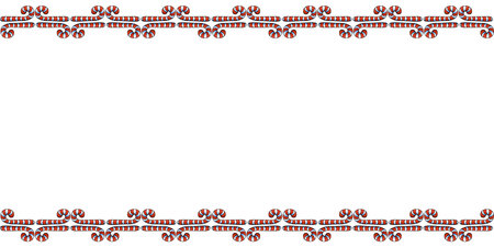 Vector background, frame, border from red candy cane. Horizontal top and bottom edging, decoration on theme sweet New Year and Christmas. For greeting cards, invitations, xmas designのイラスト素材