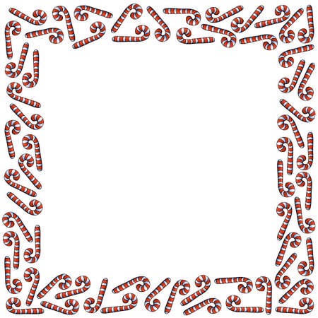 Vector background, frame, border from red candy cane. Bright edging, decoration on theme sweet New Year and Christmas. For greeting cards, invitations, xmas designのイラスト素材