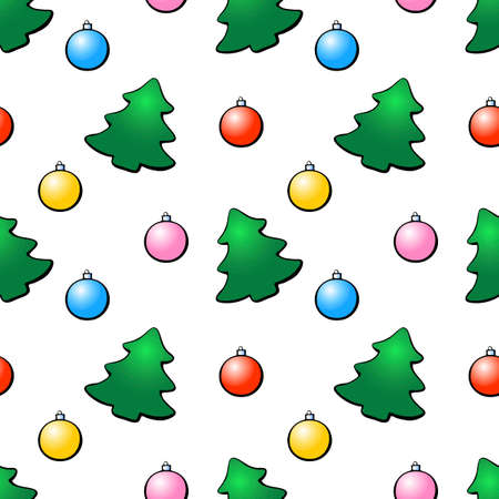 Vector seamless pattern of festive symbols: figures of Christmas trees and xmas balls. Bright backgrounds and textures in flat styleのイラスト素材