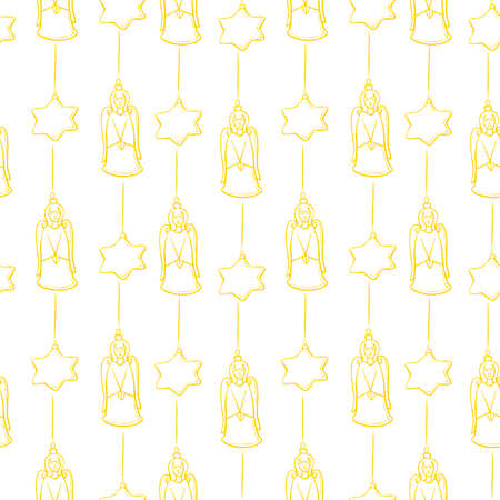 Vector seamless pattern with outline gold singing angels and stars, in doodle style. Christmas and New Year backgrounds and texturesのイラスト素材