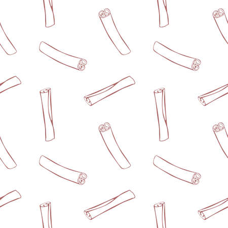 Vector seamless pattern of contour cinnamon stick in doodle style. Background or texture with seasoning, spice, ingredient for baking, hot drinks, aromatherapy, cookingのイラスト素材