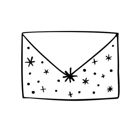 Vector winter envelope with snowflakes in doodle style. Christmas or New Year contour clipart, icon thin black line.のイラスト素材