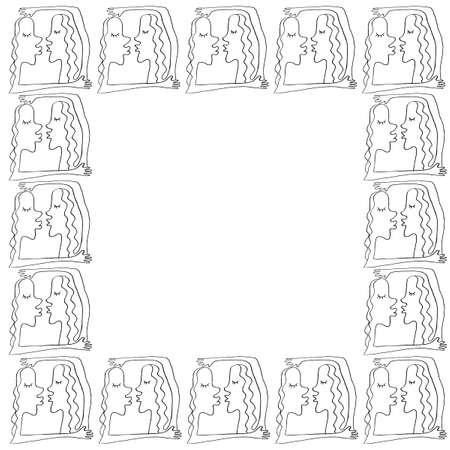 Background, frame with kissing people in Line art style. Vector abstract kiss as symbol of love. Border, decoration for Valentine's day, greeting card, weddingのイラスト素材
