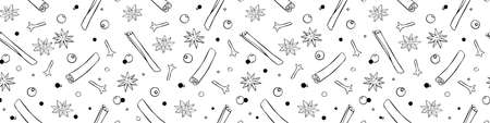 Vector seamless pattern of cinnamon sticks, star anise, carnation, pepper in doodle style. Background or texture of seasonings, food additive, spicesのイラスト素材