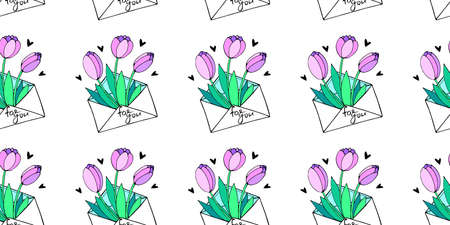 Vector seamless pattern with letter, flowers tulips, hearts. Hand drawn texture, background for wrapping paper, textile, greeting card, Valentine's Day.のイラスト素材