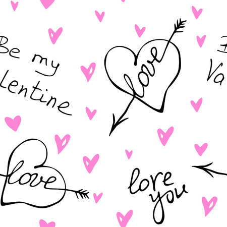 Vector seamless pattern of hearts with an arrow and lettering of love theme. Hand drawn texture, background for wrapping paper, greeting cards, Valentine's dayのイラスト素材