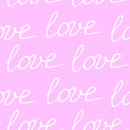 Vector pink seamless pattern with white inscriptions - love. Pastel delicate romantic background texture for greeting card, holiday, Valentine's day, wedding, declaration of feelingsのイラスト素材