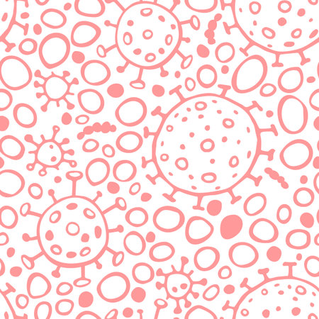 Seamless pattern of molecules, cells of virus, bacteria. Pandemic, epidemic covid-19. Primitive concept of chemistry, microorganisms, science research. Vector texture in outline doodle style isolated.のイラスト素材