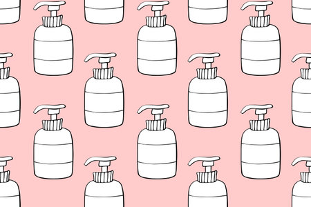 Vector seamless pattern of outline bottles with dispenser or cosmetic products, sanitizers or hand...