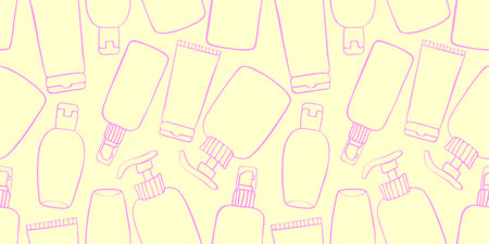 Vector seamless pattern of different outline bottles, tubes, flacons, cosmetic products in doodle...