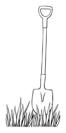 Vector contour shovel stuck in ground of lawn. Background, clipart, design element on theme of gardening in doodle style.のイラスト素材