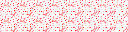 Vector seamless pattern of red hearts with an arrow and lettering love. Hand drawn texture,...