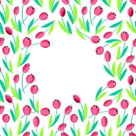 Vector frame of scattered red bright tulips. spring flowers. Decoration, border for greeting card, holidays, Valentine's, Women's or Mother dayのイラスト素材