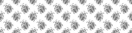 Vector seamless pattern of black outline colorado beetles in Doodle style. Bugs with stripes on its back, top view. Simple texture with insects, parasites, pestsのイラスト素材