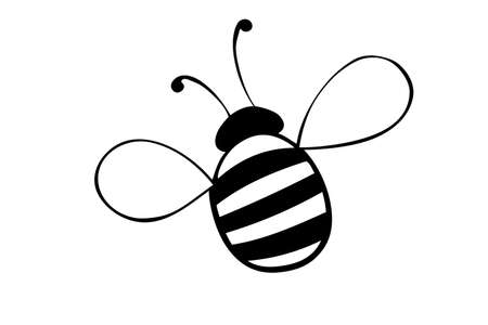 Vector black outline fat little bee in doodle style. Cute cartoon honey insect. top view. Clipart, design element on theme of nature, spring, summer, isolatedのイラスト素材
