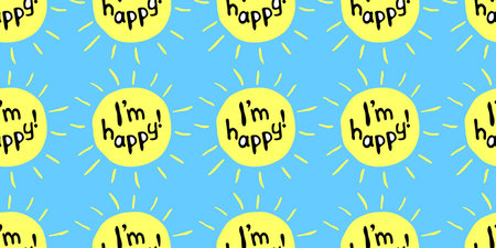 Vector Seamless pattern with sun icons with I am happy letterings. Symbol of happiness. Mood, bright emotion texture.のイラスト素材