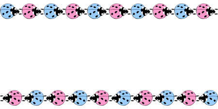 Vector border, frame of cute pink blue ladybugs in doodle flat style. Horizontal top and bottom edging, decoration for Natural design, kids themeのイラスト素材
