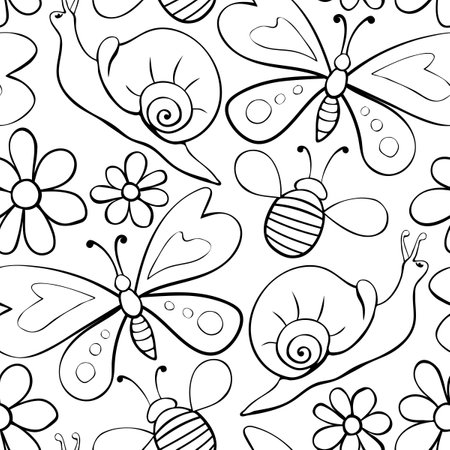 Vector seamless pattern of black outline butterflies, honey bees, snails and flowers. Doodle style. flower meadow. Cute texture on theme of nature, spring, summer, children printのイラスト素材