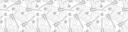 Vector seamless pattern of black outline cute dragonflies and flowers in Doodle style. Glade, forest edge. Background and texture on theme of nature, spring, summer, children print, isolatedのイラスト素材