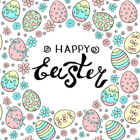 Happy Easter - vector frame, border from colorful ornamental eggs, flowers with handwritten inscription. Greeting card, holiday multicolor background, decoration in doodle flat styleのイラスト素材