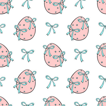 Vector seamless pattern with pink Easter eggs and blue bows. Spring hand drawn doodle, holiday background and texture with decorative elementsのイラスト素材