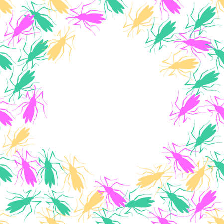 Vector frame, border from pink, green, yellow small mosquitoes, moths or beetles in flat style. Multicolor background, decoration with insects, bloodsuckers, pestsのイラスト素材