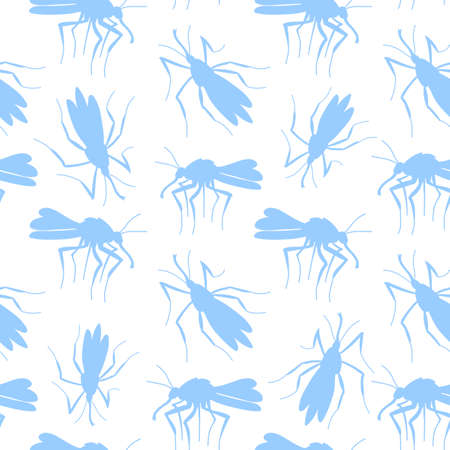Vector seamless pattern of blue mosquitoes, moths, midges in flat style. Simple light background, texture with insects, bloodsuckers, pestsのイラスト素材
