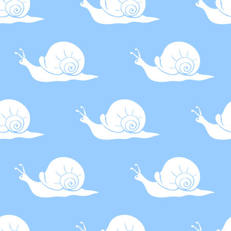 Vector seamless pattern with white cute snails in flat style on blue background, isolated. Nature, children texture. Like clouds on skyのイラスト素材
