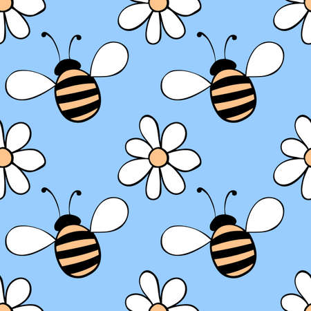 Vector seamless pattern of contoured fat little bees and flowers in doodle style. Cute cartoon honey insects on glade. Bright background, texture on theme of nature, spring, summer, children printのイラスト素材