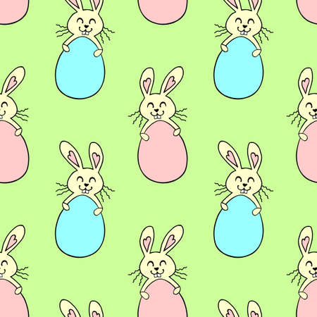 Vector seamless pattern with cute funny color easter bunnies with egg shaped frames. Spring holiday backgrounds and textures in doodle flat styleのイラスト素材