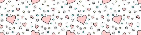 Vector Seamless abstract pattern of outline colorful elements hearts points drops spirals. Hand...