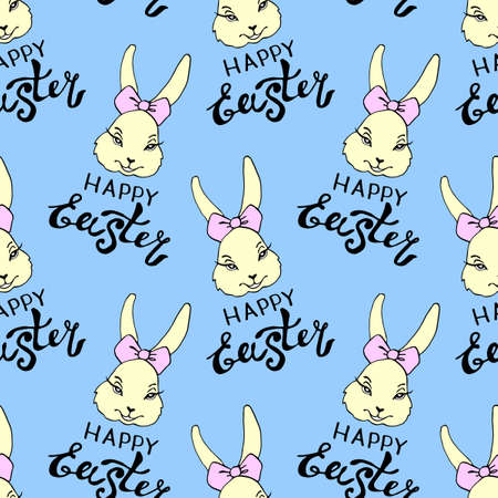 Happy Easter-Vector seamless pattern with inscriptions and simple colorful drawings of face of cute rabbit girl in flat style. holiday background and textureのイラスト素材