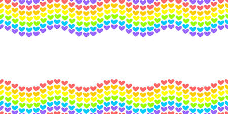Vector background, frame of waves of colored and rainbow hearts. Horizontal upper and lower edging, border, decoration for the concept of the LGBT community. Celebrating Gay Pride Monthのイラスト素材