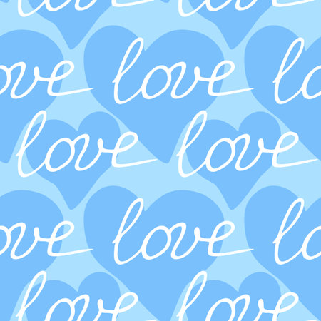 Vector blue seamless pattern with white inscriptions - love. Pastel delicate romantic background...