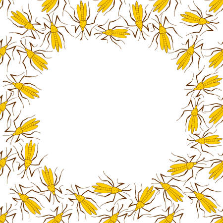 Vector frame, border from small mosquitoes, moths or beetles in doodle flat style. Simple background, decoration with insects, bloodsuckers, pestsのイラスト素材