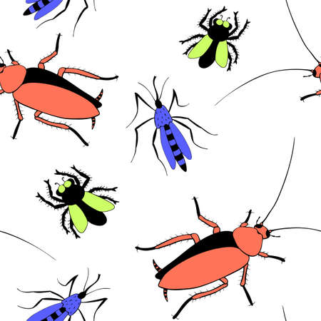 Vector seamless pattern of insect pests - oriental cockroaches, flies, mosquitoes. Bright background and pest control texture.のイラスト素材