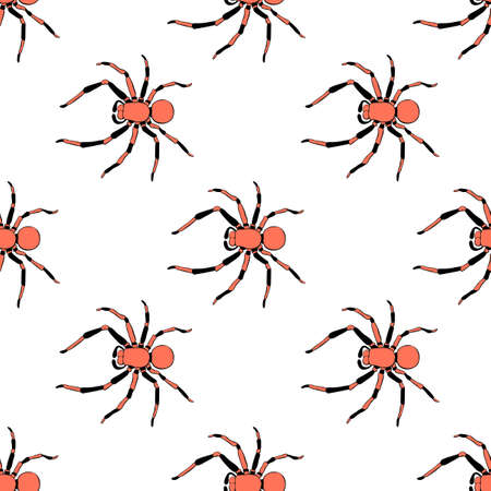 Vector seamless pattern of russet spiders in doodle flat style. Color background and texture of theme of insects, animals, halloween, phobiasのイラスト素材