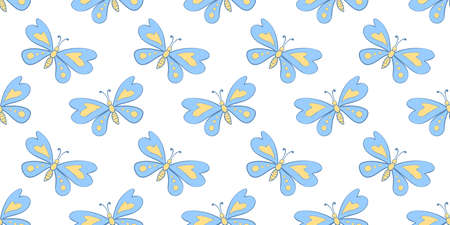 Vector seamless pattern of blue cute butterflies in flat style. Cute cartoon insects. Texture on theme of nature, spring, summer, children print, isolatedのイラスト素材