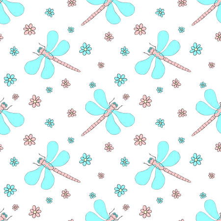 Vector seamless pattern of cute dragonflies, flowers. Glade, forest edge. Background and texture on theme of nature, spring, summer, children print, isolatedのイラスト素材