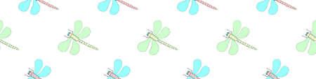 Vector seamless pattern of cute dragonflies in Doodle style. Glade, forest edge. Background and texture on theme of nature, spring, summer, children print, isolatedのイラスト素材