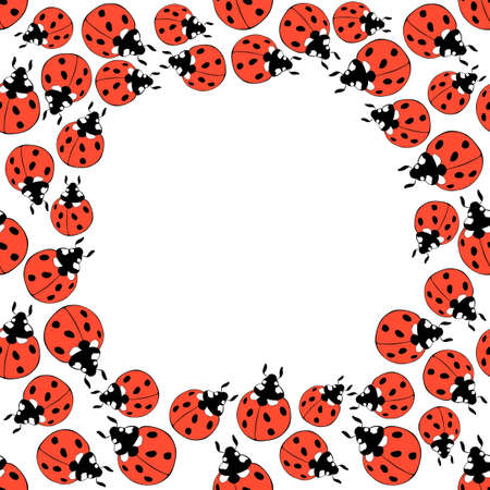 Vector frame, border from bright red ladybugs in doodle flat style. Simple background, decoration for spring, summer, natural, kids designのイラスト素材