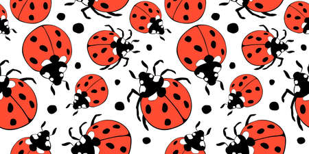 Vector seamless pattern of bright red ladybugs of different sizes in flat doodle style. Nature-themed background and texture, spring, summer, children's print, isolatedのイラスト素材